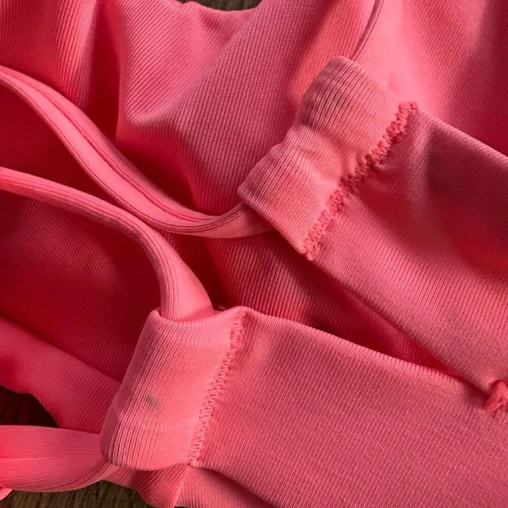 Athleta Pink Strappy Sports Bra Adjustable Back Tie Women's S Removable Padding